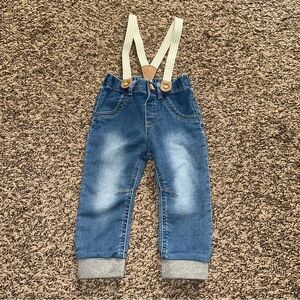Cat & Jack Blue Denim Overalls with Striped Suspenders